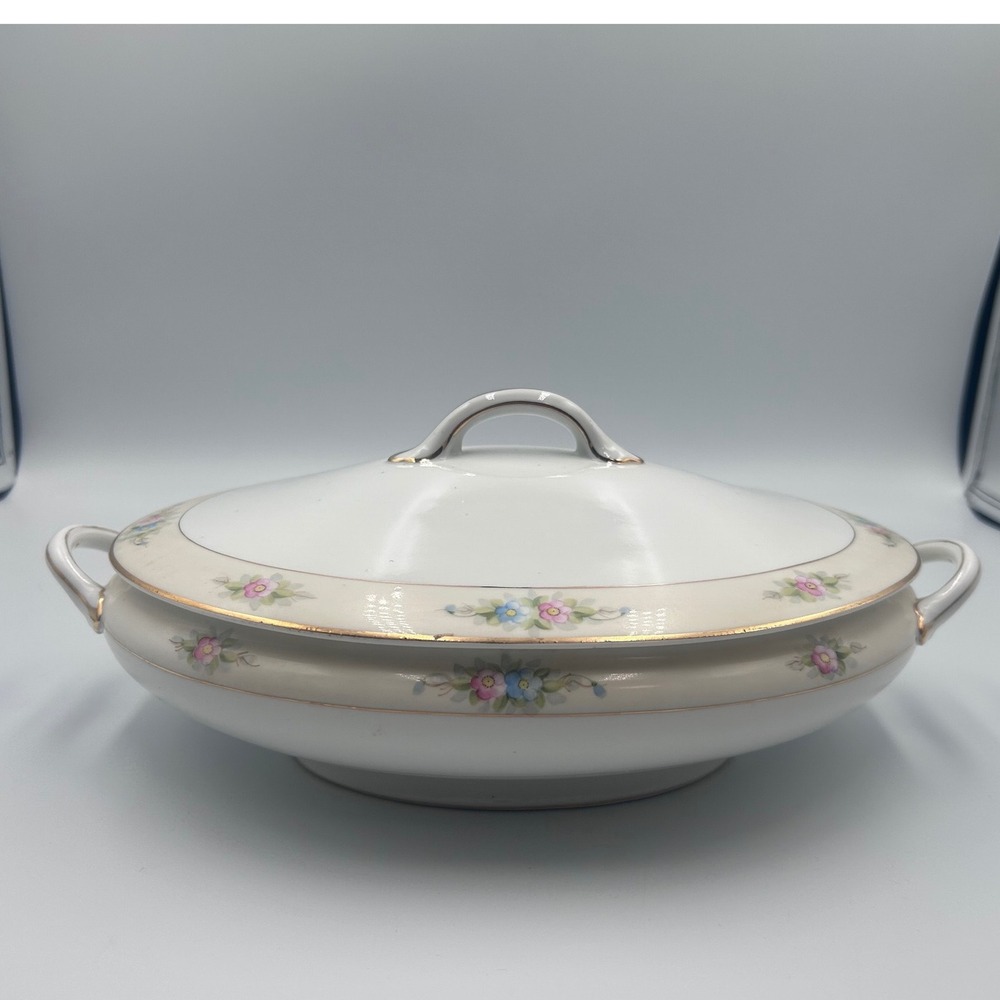 Noritake Sedan Hand Painted Nippon Covered Vegetable Bowl Gold Trim Floral 12in